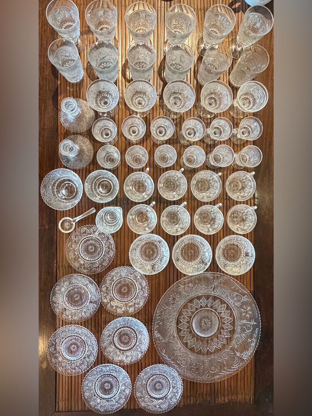 Vintage Duncan and Miller “Sandwich”/“Lace” Pattern Glass Dinnerware 54 pcs